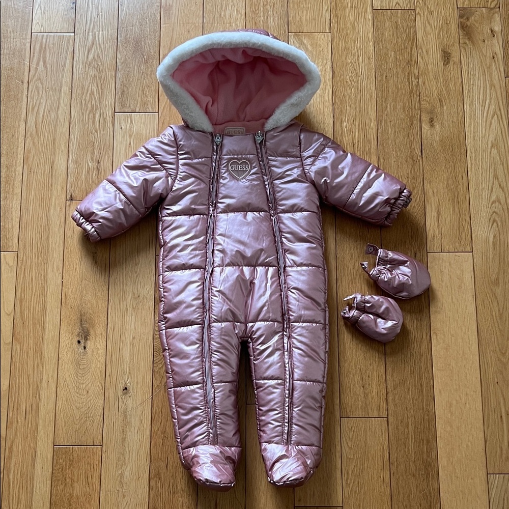 Guess Shiny Pink Kids Snow Suit Bunting Footie Snap in Mitten 6/9 mnths
